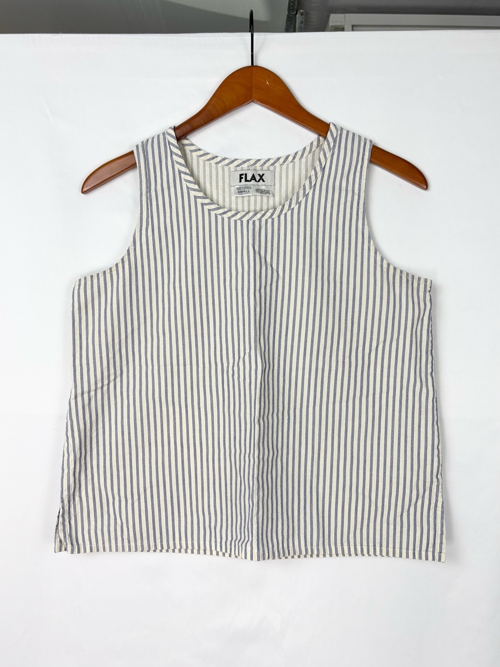 Flax Stripe Cotton Tank Top Size S White Blue Scoop Neck